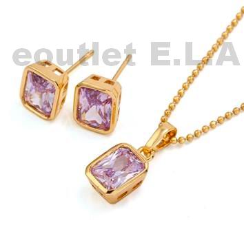 EMERALD PINK CZ SOLITAIRE NECKLACE N EARRINGS SET